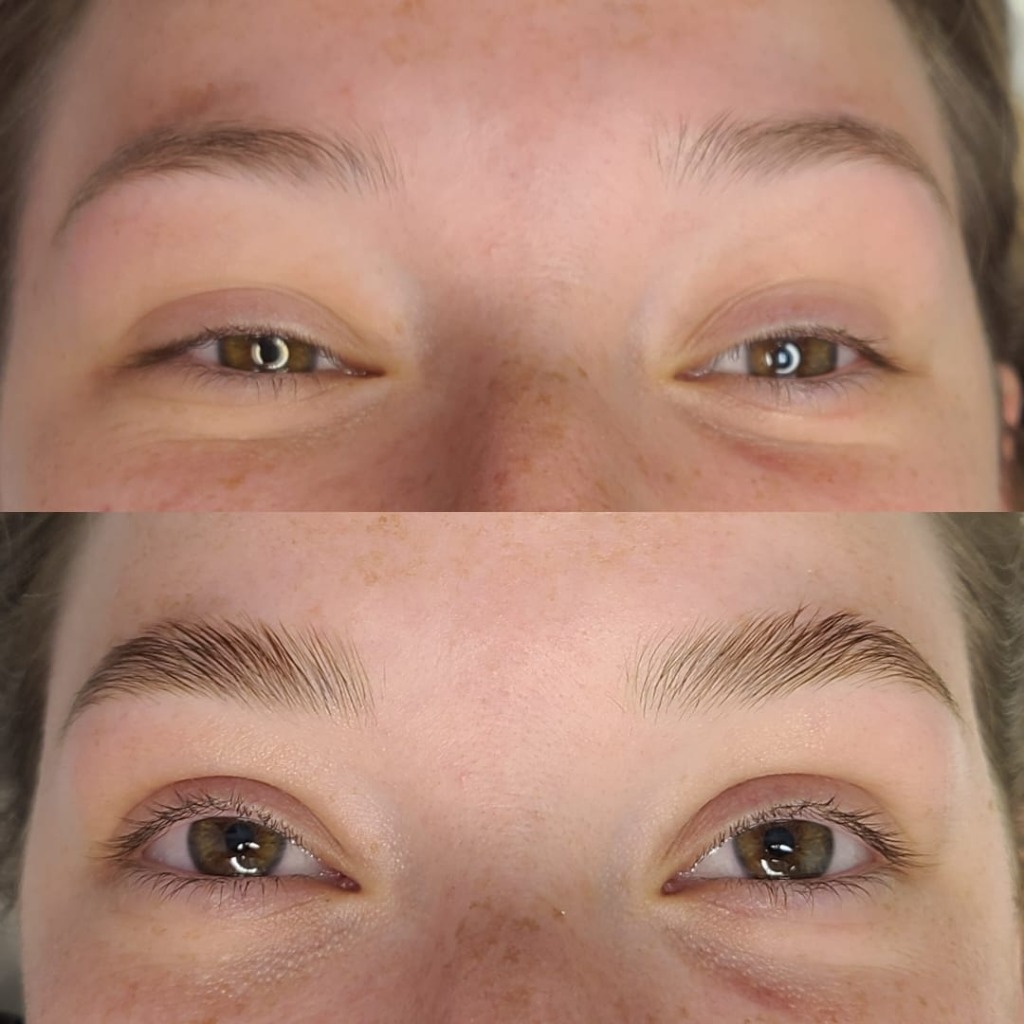 Brow Lamination fluffier fuller eyebrows close-up